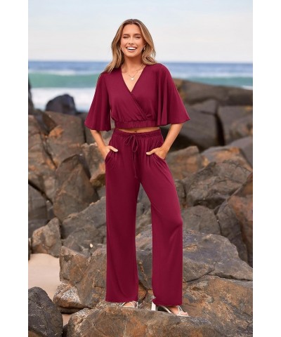 2 Piece Outfits For Women 2024 Summer Short Sleeve Wrap V Neck Crop Tops Wide Leg Pants Set Wine Red $23.45 Activewear