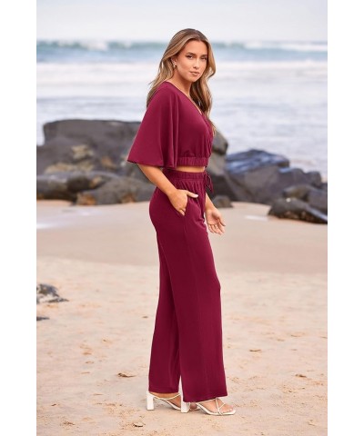 2 Piece Outfits For Women 2024 Summer Short Sleeve Wrap V Neck Crop Tops Wide Leg Pants Set Wine Red $23.45 Activewear