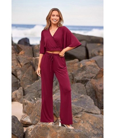 2 Piece Outfits For Women 2024 Summer Short Sleeve Wrap V Neck Crop Tops Wide Leg Pants Set Wine Red $23.45 Activewear