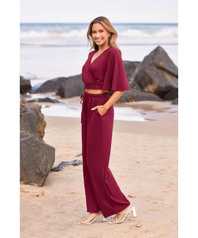 2 Piece Outfits For Women 2024 Summer Short Sleeve Wrap V Neck Crop Tops Wide Leg Pants Set Wine Red $23.45 Activewear