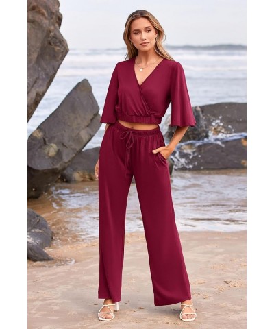 2 Piece Outfits For Women 2024 Summer Short Sleeve Wrap V Neck Crop Tops Wide Leg Pants Set Wine Red $23.45 Activewear