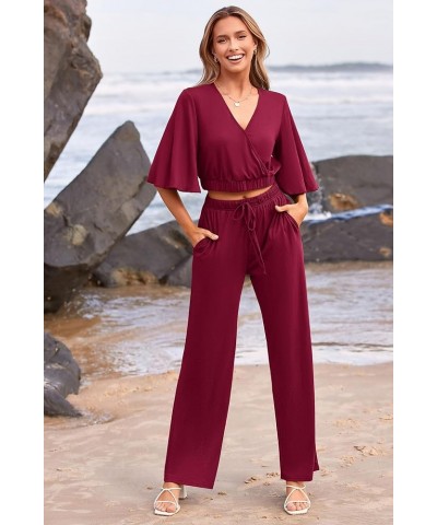 2 Piece Outfits For Women 2024 Summer Short Sleeve Wrap V Neck Crop Tops Wide Leg Pants Set Wine Red $23.45 Activewear