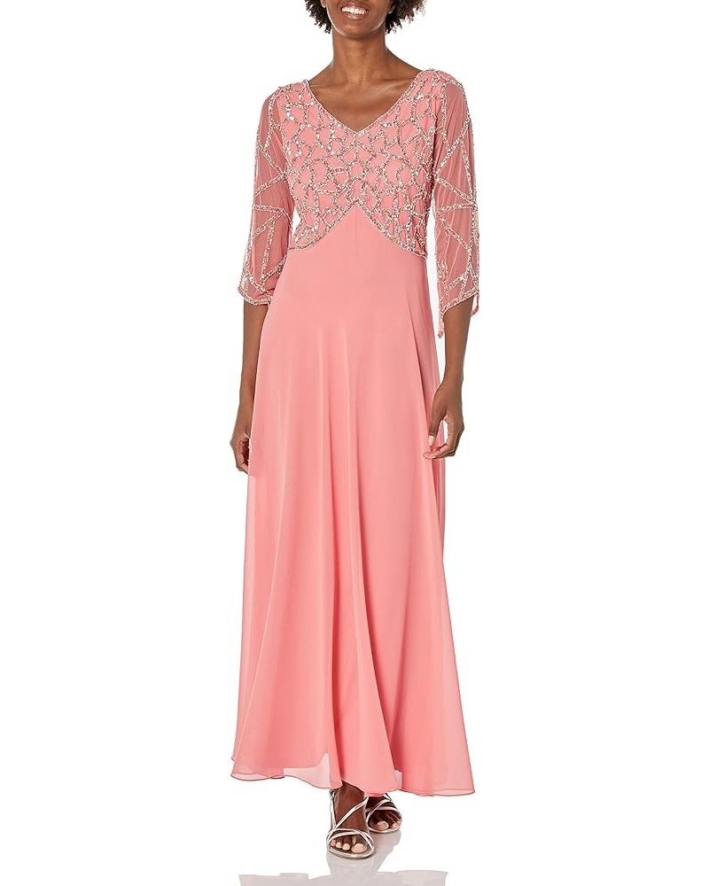 Women's Petite 3/4 Sleeve Geo Beaded Gown Coral Multi $35.18 Dresses