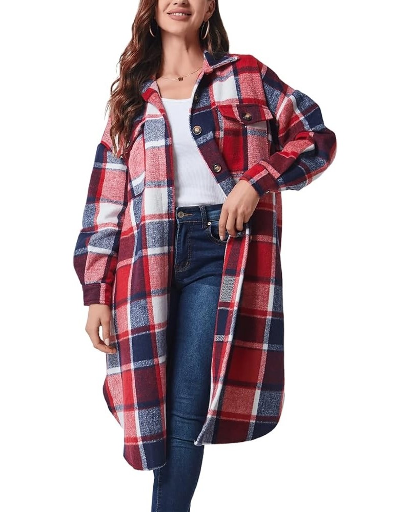 Womens Long Plaid Shacket Jacket Casual Fashion Lapel Button Down Long Sleeve Long Plaid Coat with Pockets Red2 $11.50 Jackets