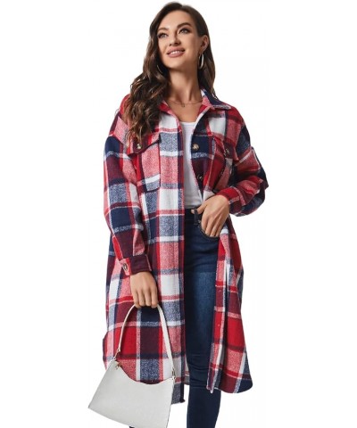 Womens Long Plaid Shacket Jacket Casual Fashion Lapel Button Down Long Sleeve Long Plaid Coat with Pockets Red2 $11.50 Jackets