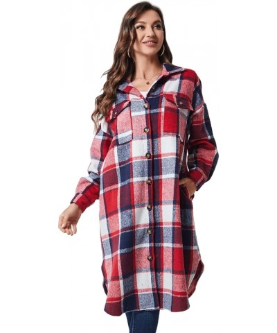 Womens Long Plaid Shacket Jacket Casual Fashion Lapel Button Down Long Sleeve Long Plaid Coat with Pockets Red2 $11.50 Jackets