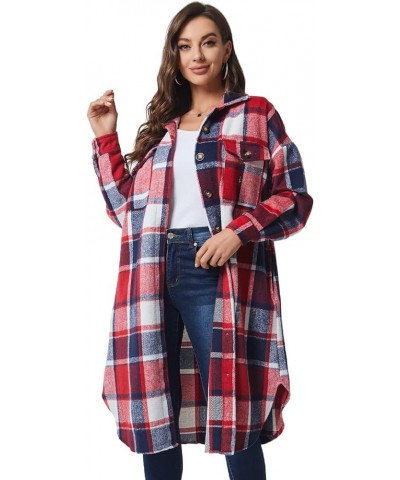 Womens Long Plaid Shacket Jacket Casual Fashion Lapel Button Down Long Sleeve Long Plaid Coat with Pockets Red2 $11.50 Jackets