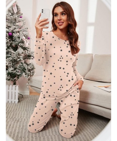 Womens Pajama Set Long Sleeve Sleepwear Nightwear Soft Pjs Lounge Sets With Pockets A06 Fp-beige Star $18.01 Sleep & Lounge