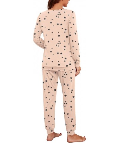 Womens Pajama Set Long Sleeve Sleepwear Nightwear Soft Pjs Lounge Sets With Pockets A06 Fp-beige Star $18.01 Sleep & Lounge