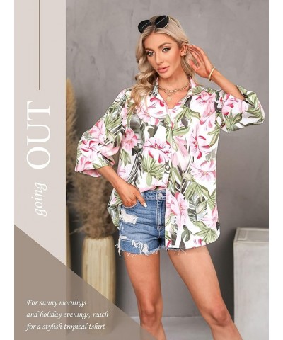 Women Soft Dressy Floral Printed Button Down Tropical Hawaiian Shirt Blouse Tops Green $14.62 Blouses