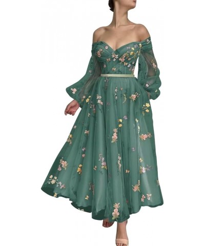 Women's Puffy Sleeve Prom Dresses 2023 Flower Embroidery Tulle A-Line Formal Evening Gown Teal-puffy Sleeve $32.25 Dresses