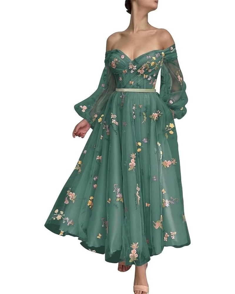 Women's Puffy Sleeve Prom Dresses 2023 Flower Embroidery Tulle A-Line Formal Evening Gown Teal-puffy Sleeve $32.25 Dresses