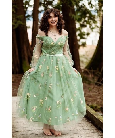 Women's Puffy Sleeve Prom Dresses 2023 Flower Embroidery Tulle A-Line Formal Evening Gown Teal-puffy Sleeve $32.25 Dresses