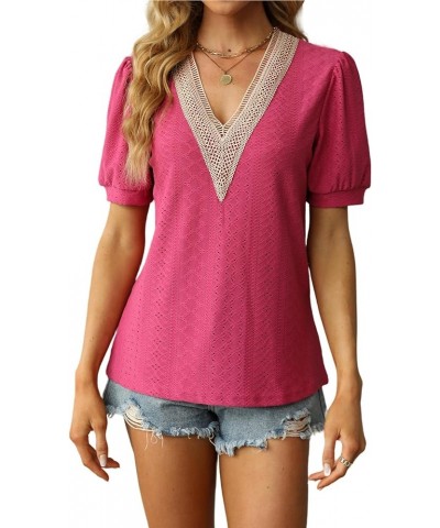 Womens Lace Crochet V Neck Summer Tops Casual Puff Sleeve Fashion T Shirts Cute Hollow Tops Short Sleeve Shirts Rose Red $10....