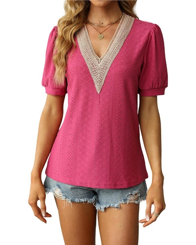 Womens Lace Crochet V Neck Summer Tops Casual Puff Sleeve Fashion T Shirts Cute Hollow Tops Short Sleeve Shirts Rose Red $10....