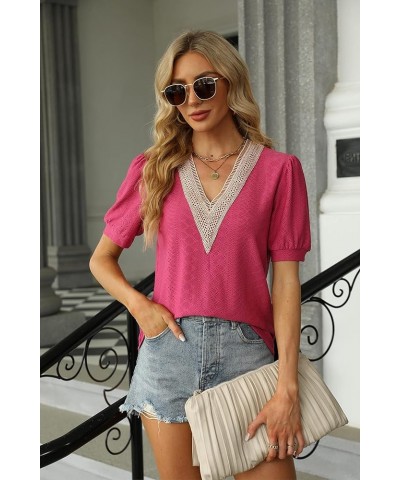 Womens Lace Crochet V Neck Summer Tops Casual Puff Sleeve Fashion T Shirts Cute Hollow Tops Short Sleeve Shirts Rose Red $10....