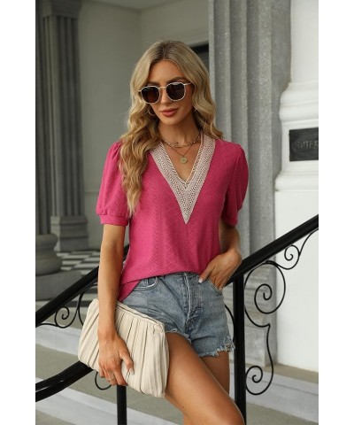 Womens Lace Crochet V Neck Summer Tops Casual Puff Sleeve Fashion T Shirts Cute Hollow Tops Short Sleeve Shirts Rose Red $10....