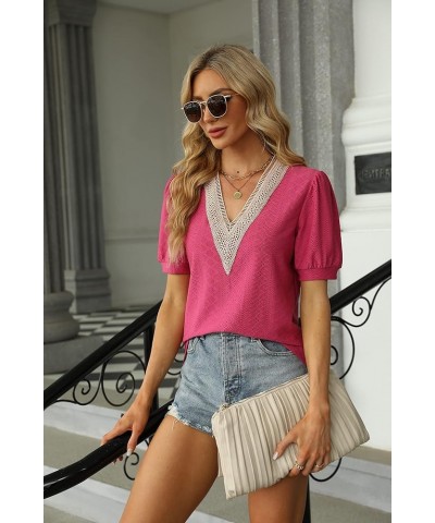 Womens Lace Crochet V Neck Summer Tops Casual Puff Sleeve Fashion T Shirts Cute Hollow Tops Short Sleeve Shirts Rose Red $10....