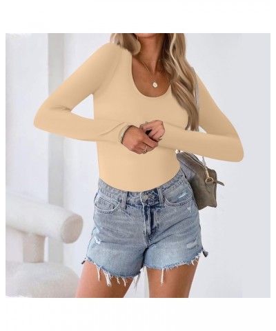 Causal Tops for Women Cool Yoga Stretch Solid Color Long Sleeve Blouse Comfy Crew Neck Trendy Slim Fit Soft T-Shrit 01-khaki ...