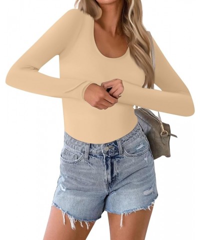 Causal Tops for Women Cool Yoga Stretch Solid Color Long Sleeve Blouse Comfy Crew Neck Trendy Slim Fit Soft T-Shrit 01-khaki ...