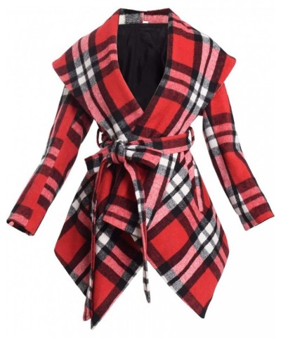 Women's Turn Down Collar Grid Coat Belted Wool Blend Coat Asymmetric Hem Wrap Coat Red/White $32.99 Coats