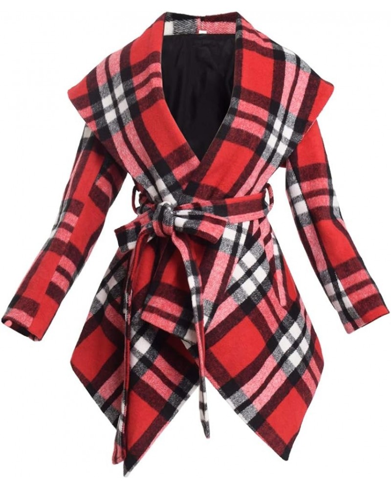 Women's Turn Down Collar Grid Coat Belted Wool Blend Coat Asymmetric Hem Wrap Coat Red/White $32.99 Coats