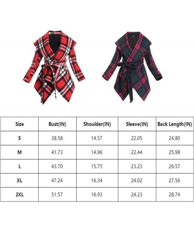 Women's Turn Down Collar Grid Coat Belted Wool Blend Coat Asymmetric Hem Wrap Coat Red/White $32.99 Coats