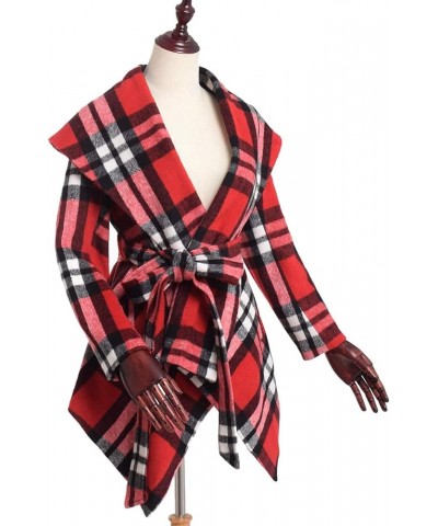 Women's Turn Down Collar Grid Coat Belted Wool Blend Coat Asymmetric Hem Wrap Coat Red/White $32.99 Coats