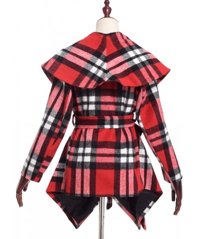 Women's Turn Down Collar Grid Coat Belted Wool Blend Coat Asymmetric Hem Wrap Coat Red/White $32.99 Coats