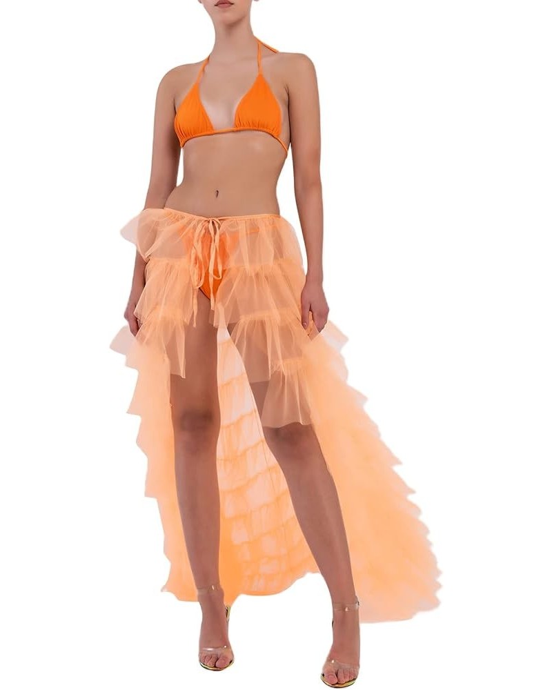 Women Long Tulle Tutu Skirt Layered Aline Puff Mesh Skirt Floor Length Split Half-Dress Ruffle Princess Party Skirt A Orange ...