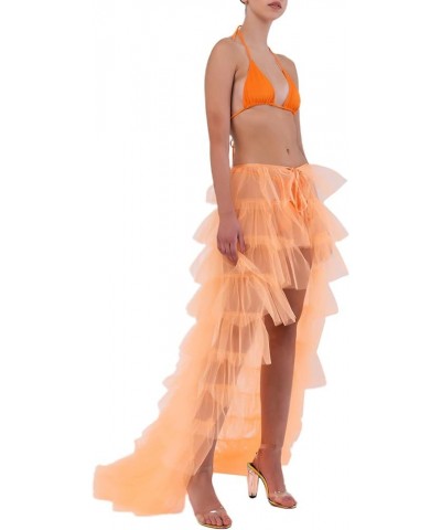 Women Long Tulle Tutu Skirt Layered Aline Puff Mesh Skirt Floor Length Split Half-Dress Ruffle Princess Party Skirt A Orange ...