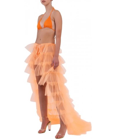 Women Long Tulle Tutu Skirt Layered Aline Puff Mesh Skirt Floor Length Split Half-Dress Ruffle Princess Party Skirt A Orange ...