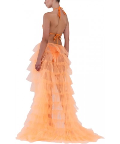 Women Long Tulle Tutu Skirt Layered Aline Puff Mesh Skirt Floor Length Split Half-Dress Ruffle Princess Party Skirt A Orange ...