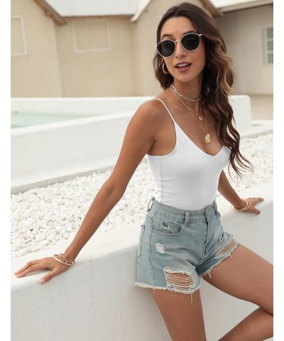 Amilia Women's Basic Solid Deep V Neck Cami Spaghetti Double Layer Crop Tank Tops Casual Shirts White&white $17.09 Tanks