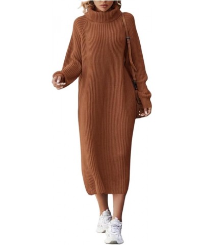 Women's Oversized Solid Midi Sweater Dress, Fall/Winter/Spring Fashion Turtleneck Pull-on Long Sleeve Knit Dress Brown $18.00...