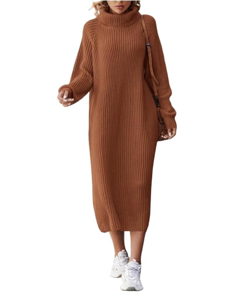 Women's Oversized Solid Midi Sweater Dress, Fall/Winter/Spring Fashion Turtleneck Pull-on Long Sleeve Knit Dress Brown $18.00...