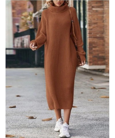 Women's Oversized Solid Midi Sweater Dress, Fall/Winter/Spring Fashion Turtleneck Pull-on Long Sleeve Knit Dress Brown $18.00...