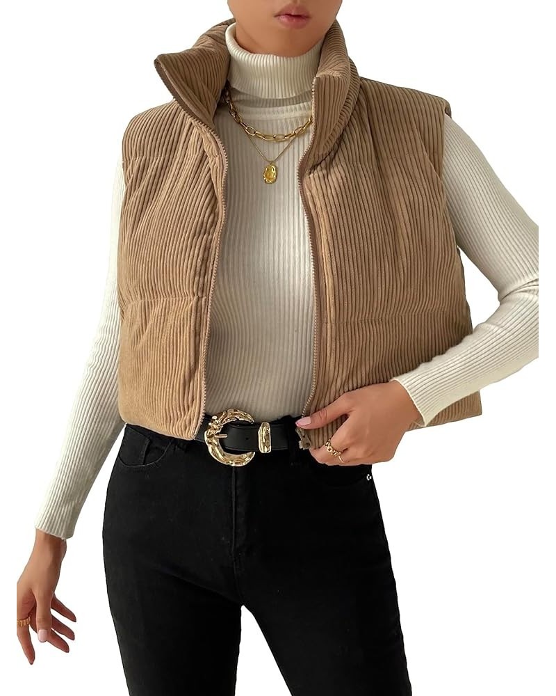 Women's Sleeveless Crop Vest Puffer Zip Up Collar Corduroy Padded Gilet Coat Brown $23.84 Vests