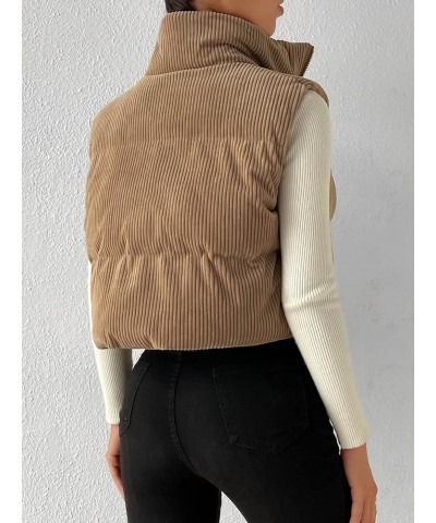 Women's Sleeveless Crop Vest Puffer Zip Up Collar Corduroy Padded Gilet Coat Brown $23.84 Vests