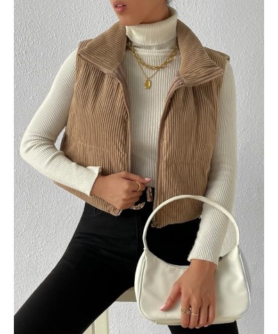 Women's Sleeveless Crop Vest Puffer Zip Up Collar Corduroy Padded Gilet Coat Brown $23.84 Vests