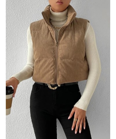 Women's Sleeveless Crop Vest Puffer Zip Up Collar Corduroy Padded Gilet Coat Brown $23.84 Vests