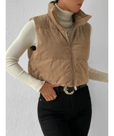 Women's Sleeveless Crop Vest Puffer Zip Up Collar Corduroy Padded Gilet Coat Brown $23.84 Vests