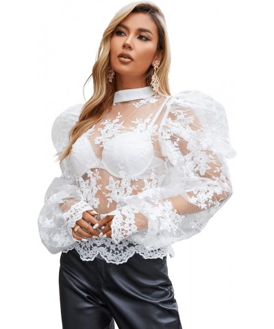 Women's Floral Lace Mesh Tee Shirt Long Puff Sleeve Mock Neck Blouse Top White $15.17 Blouses