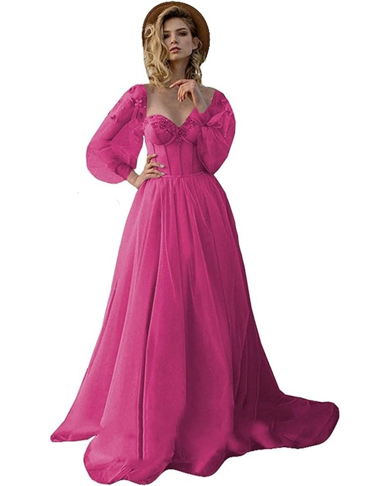 Vintage Puffy Sleeve Prom Dresses Ball Gown for Women Formal Long Sleeve Backless Evening Gown Hot Pink $48.06 Dresses