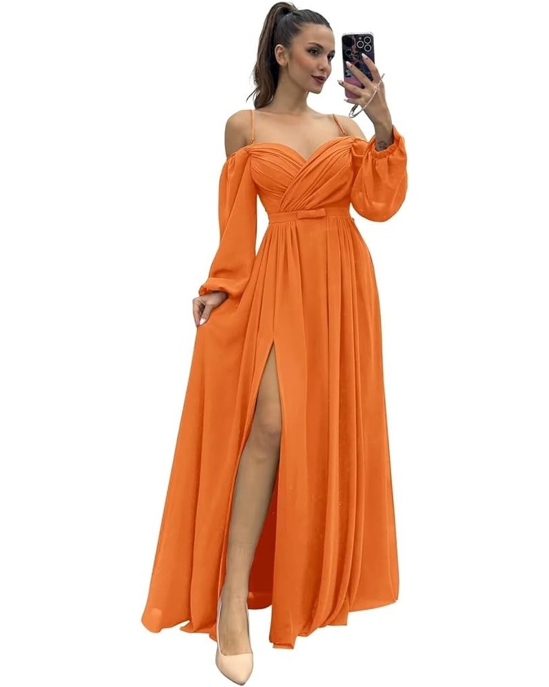 Long Sleeves Bridesmaid Dresses with Pockets for Wedding Chiffon Ruched Maxi Evening Party Dresses for Women Orange $27.84 Dr...