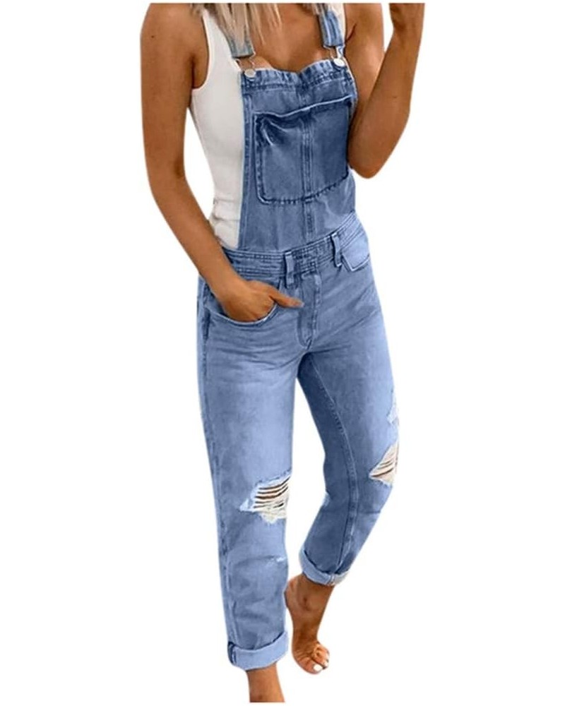 Stylish Denim Casual Washed Rompers Overalls Bib Jumpsuits Ripped Denim Jeans Women's Women's Jeans Light Blue $15.64 Jumpsuits