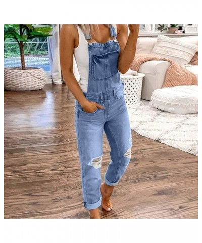 Stylish Denim Casual Washed Rompers Overalls Bib Jumpsuits Ripped Denim Jeans Women's Women's Jeans Light Blue $15.64 Jumpsuits