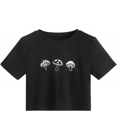 Women's Short Sleeve Print Crop Top T Shirt Black Mushroom $10.25 T-Shirts