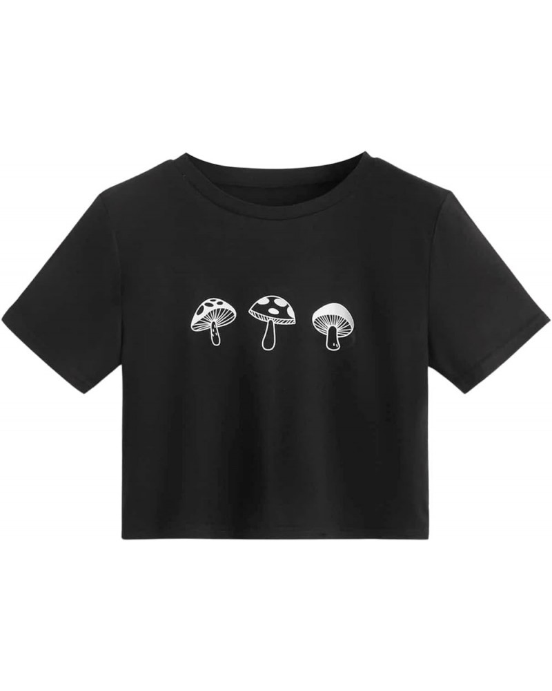 Women's Short Sleeve Print Crop Top T Shirt Black Mushroom $10.25 T-Shirts