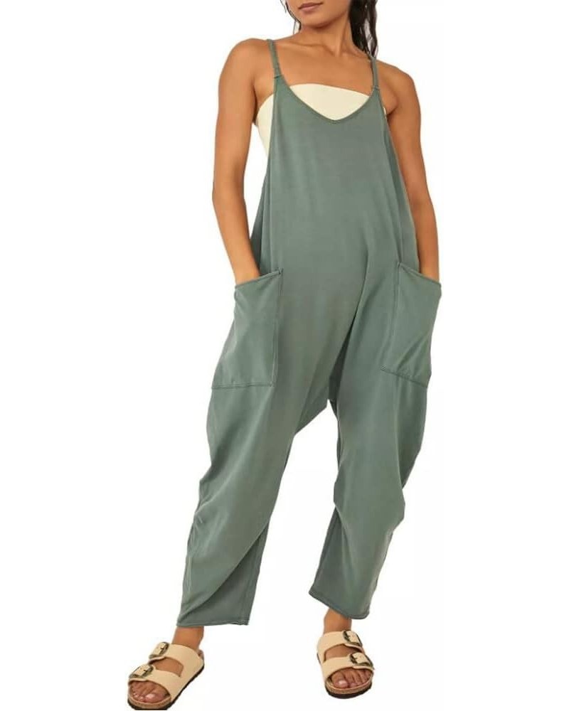 Women's Loose Casual V Neck Sleeveless Jumpsuits Spaghetti Straps Rompers With Pocket Green $10.99 Jumpsuits